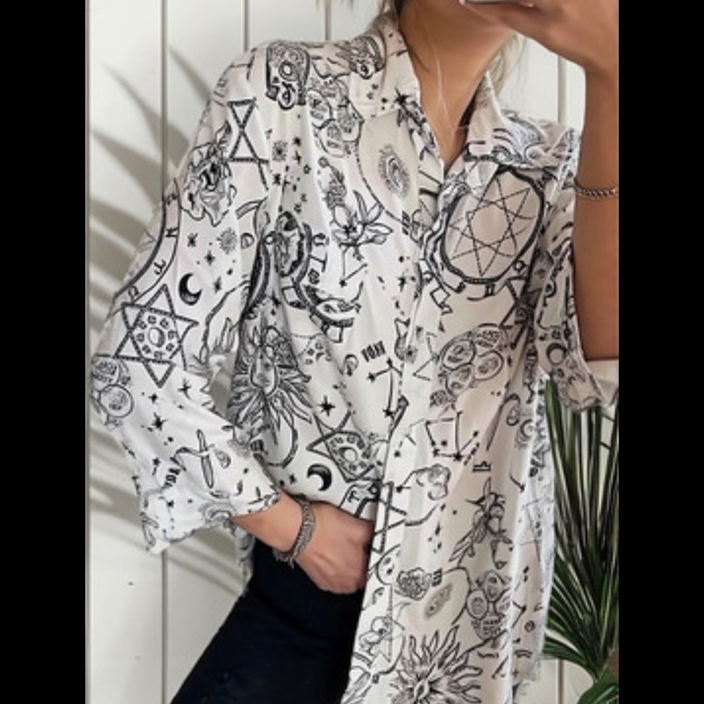 Inspired by Stella McCartney Black and White Graphic Button-Down Shirt - Picture 2 of 5